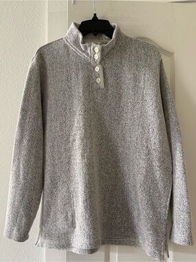 Orvis Gray Marled Fleece Pullover Sweater Mock Neck Button Front Size M